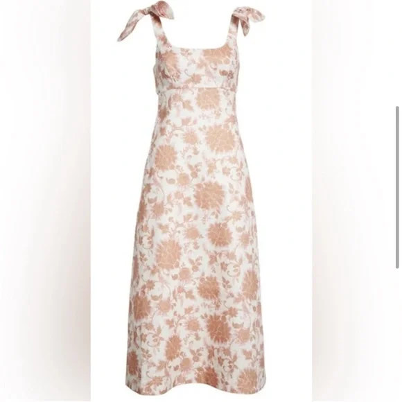 ZIMMERMANN Postcard Linen Tie Shoulder Midi Dress Sz 0 Tan Floral Open Back - Picture 4 of 16